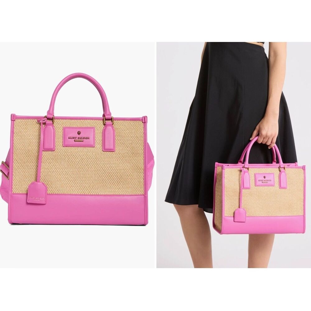 New Kurt Geiger London Open Pink Leather & Raffia Chiswick Tote Bag